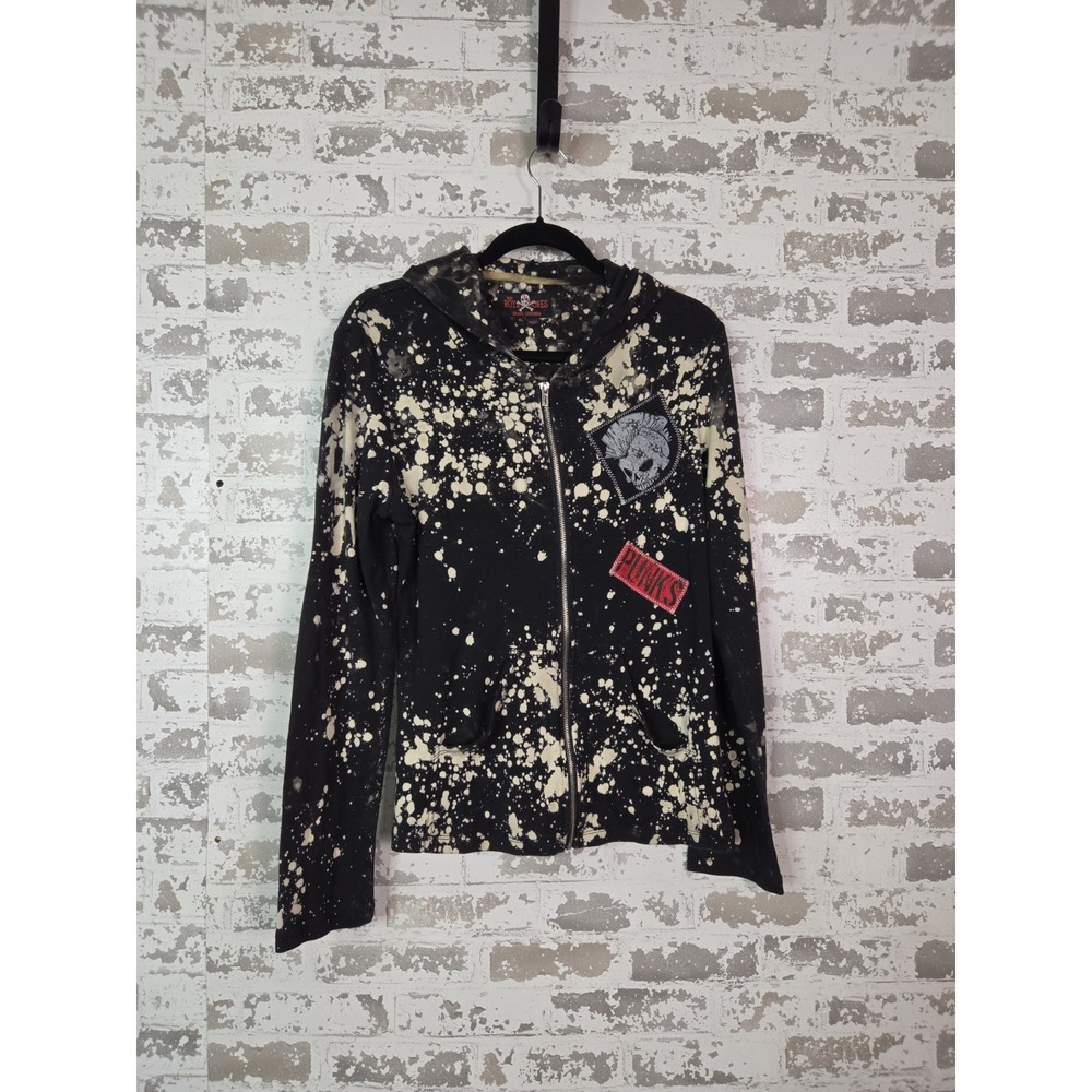 Royal Bones Full Zip Hooded Jacket XL Black Beige Splatter Skull Pockets